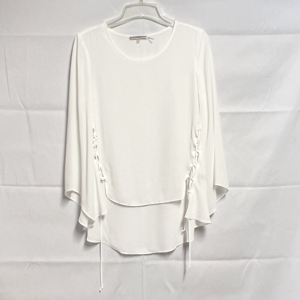 Liquid by Sione White Womens Top Small Lace Up Relaxed Flowy Flared Sleeves Chic